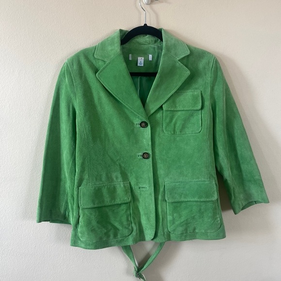 Siena Studio Jackets & Blazers - Vintage Sienna Studio Bright Green Suede Button Up Jacket Short Small 90's Y2K